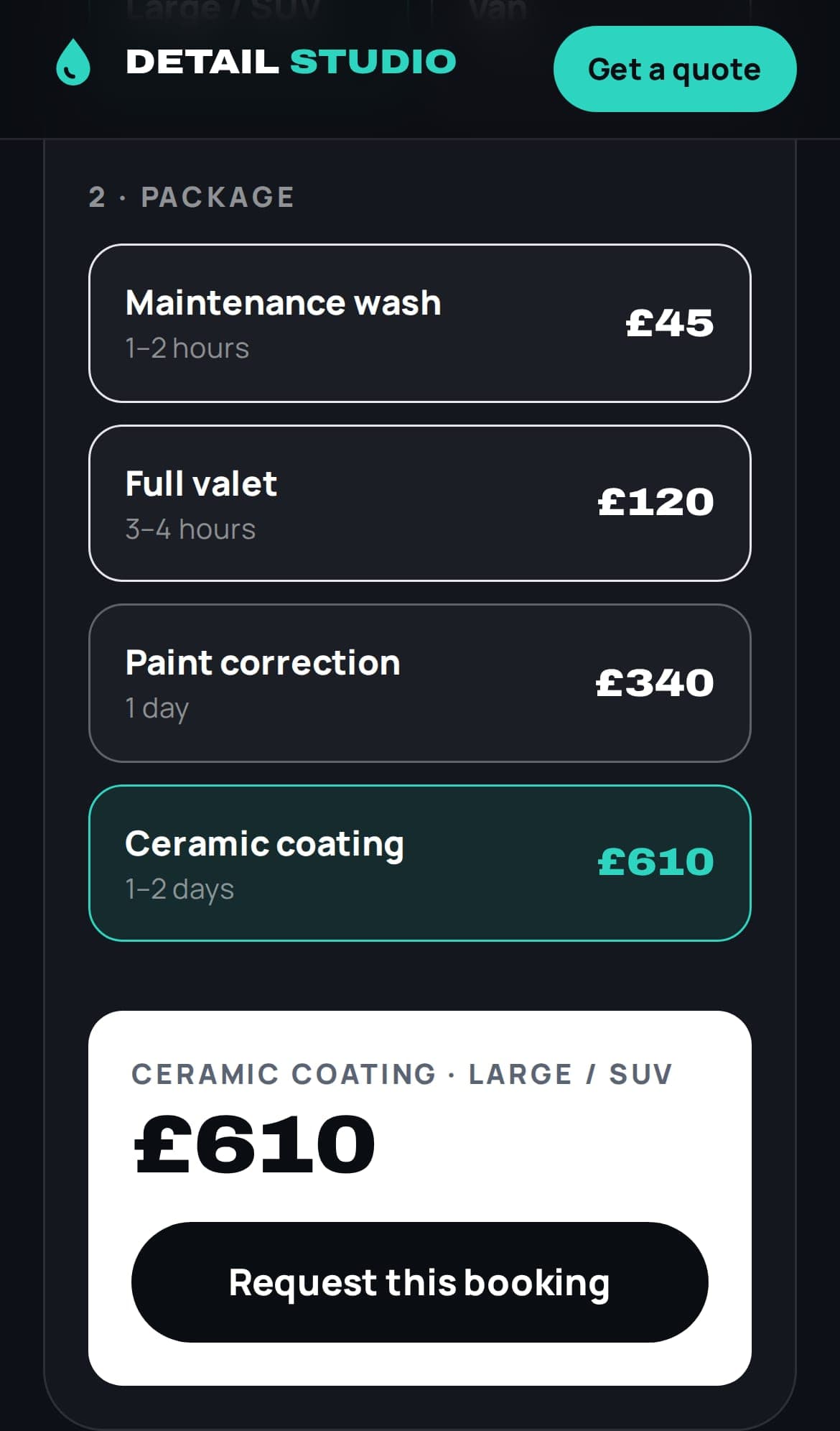 Instant quote showing the price of a ceramic coating for an SUV