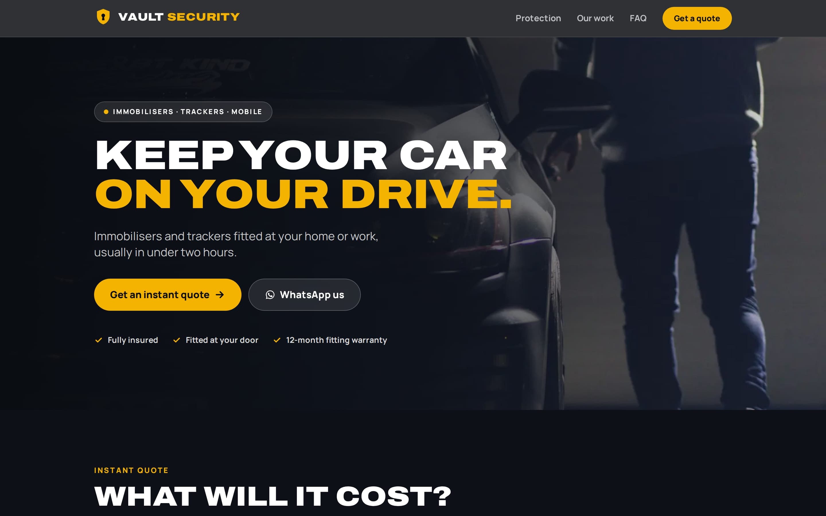Example vehicle security website on a desktop