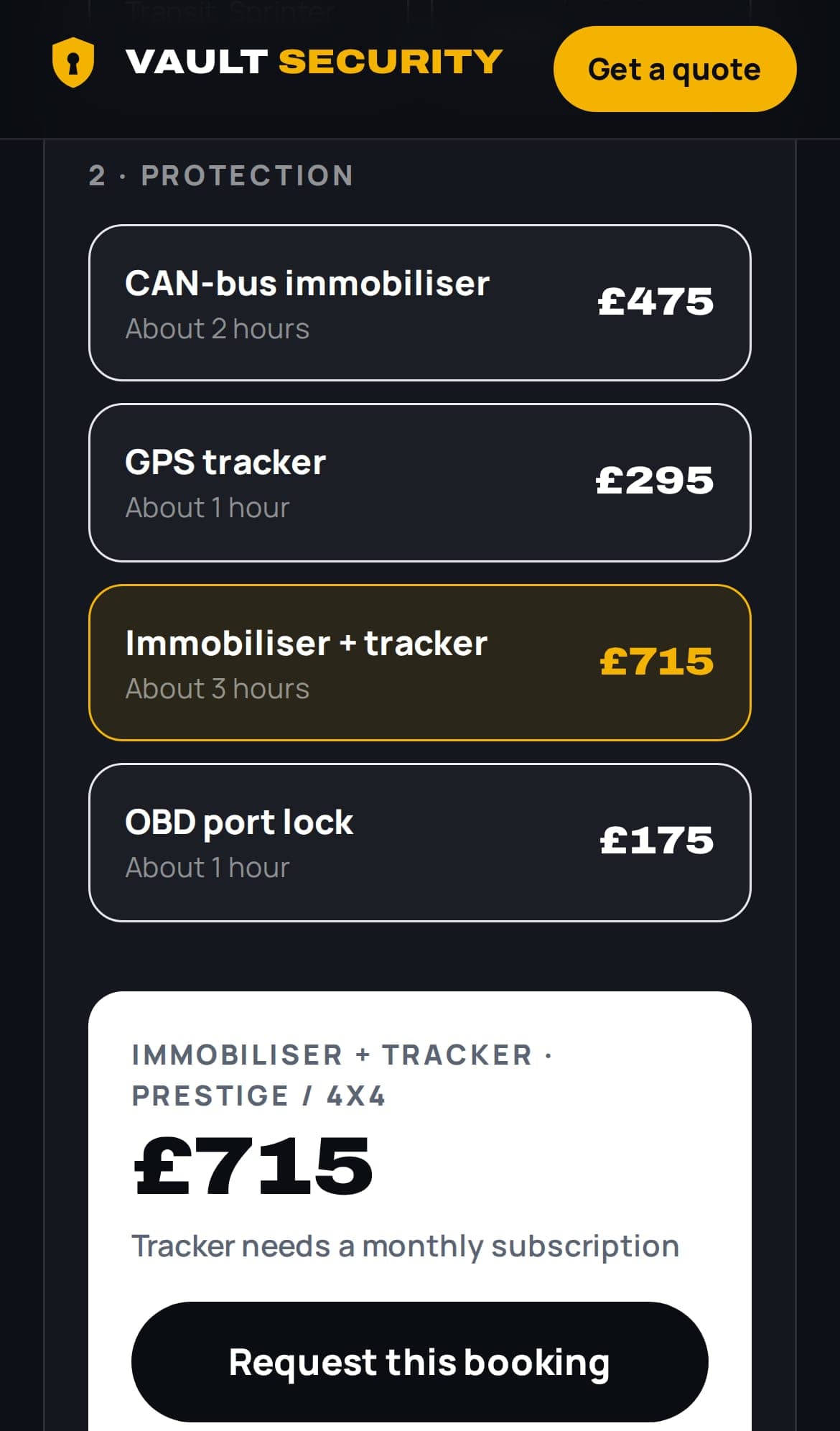 Instant quote showing the price of an immobiliser and tracker for a 4x4